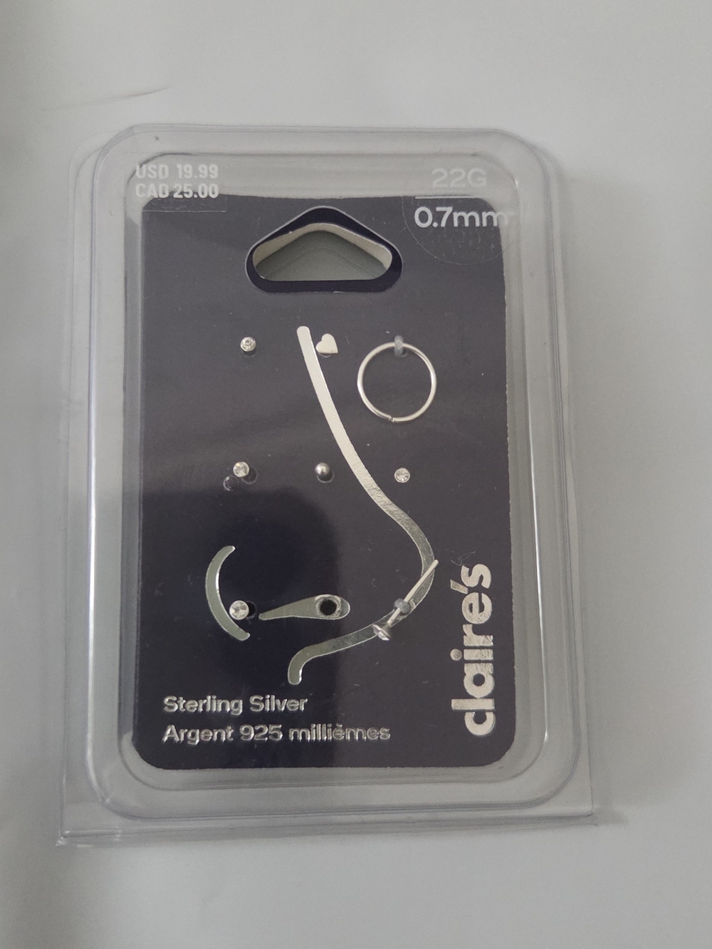 Claire's 925 Sterling Silver 22G Nose Ring & Stud Set 0.7mm NIP Read